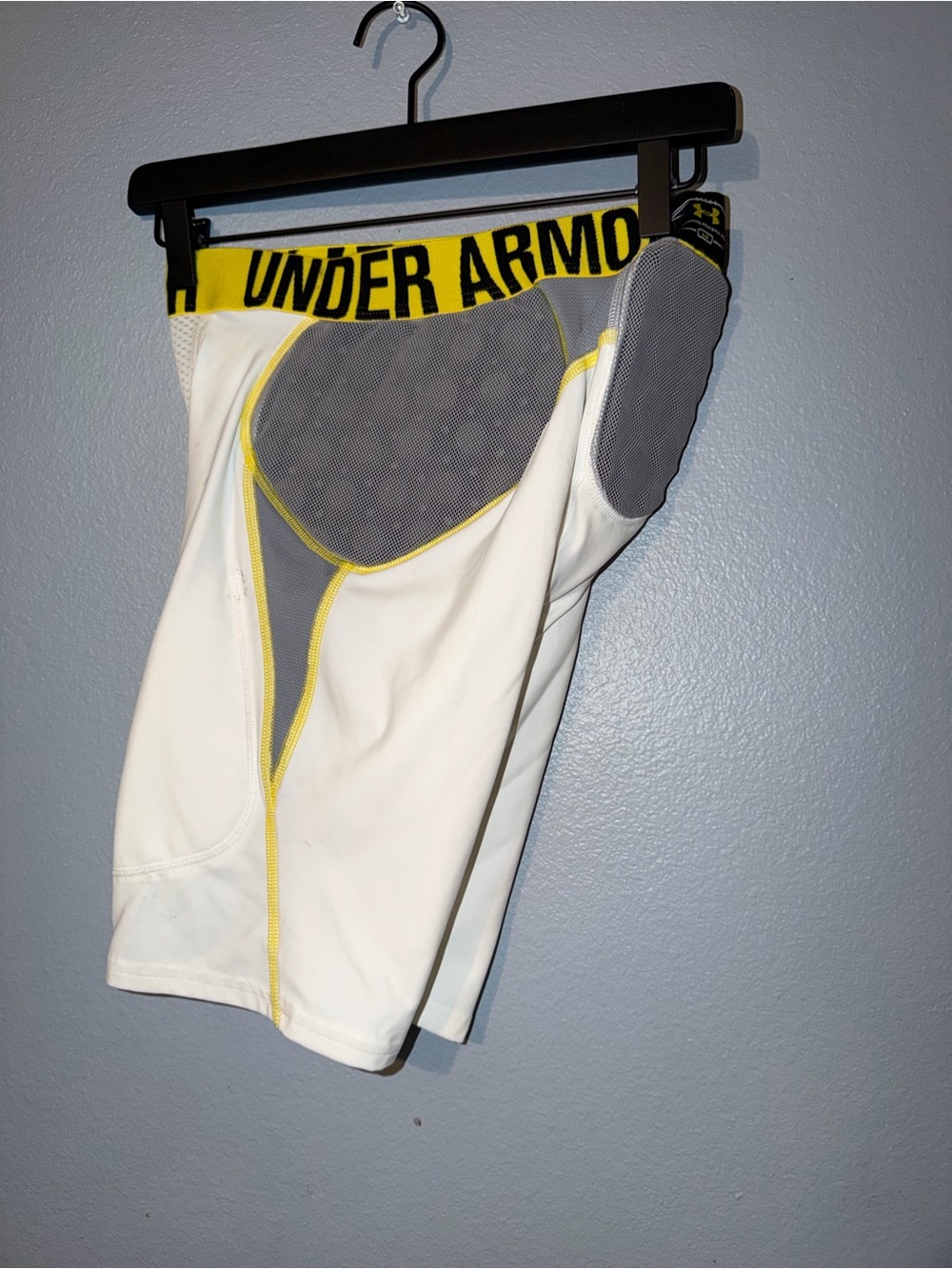 Under Armour Mens White Football Compression Shorts with Yellow Trim